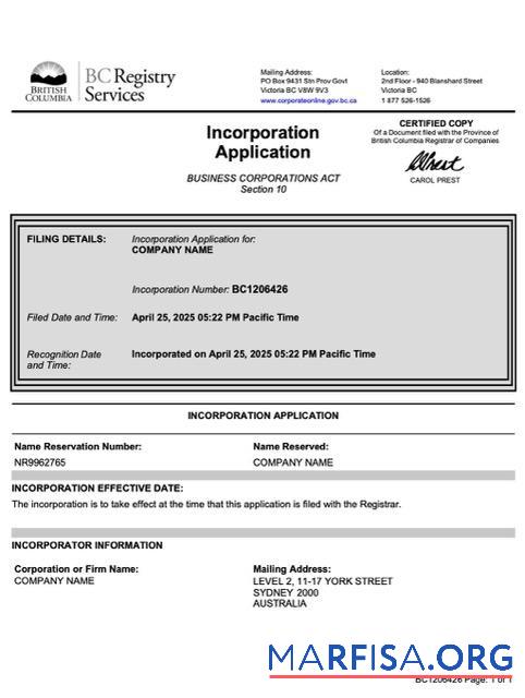 Blank British Columbia incorporation application Word and PDF template